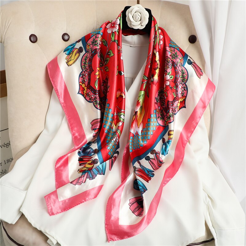 Flower Print Shawl Silk Square Scarf For Women Neckerchief Female Head Wraps Headband