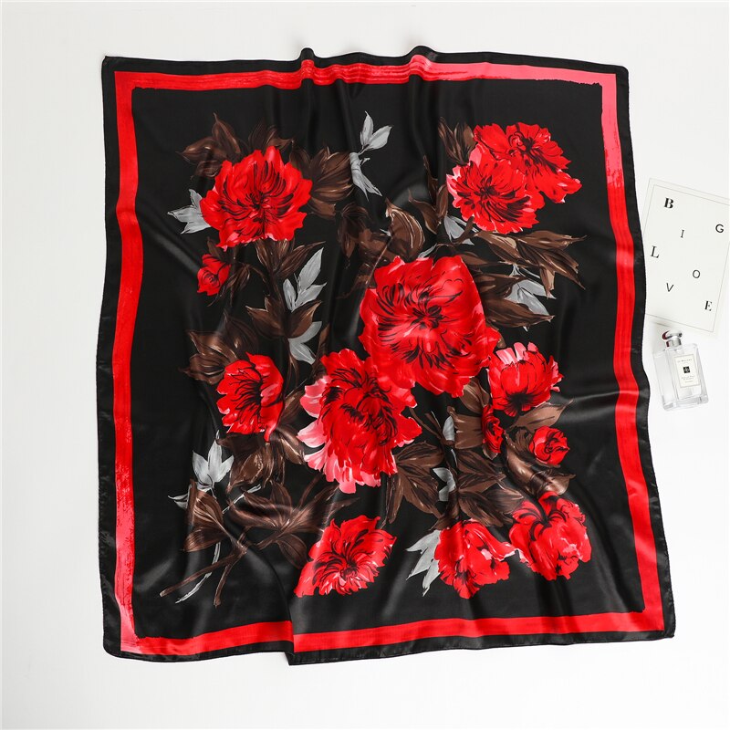 Flower Print Shawl Silk Square Scarf For Women Neckerchief Female Head Wraps Headband