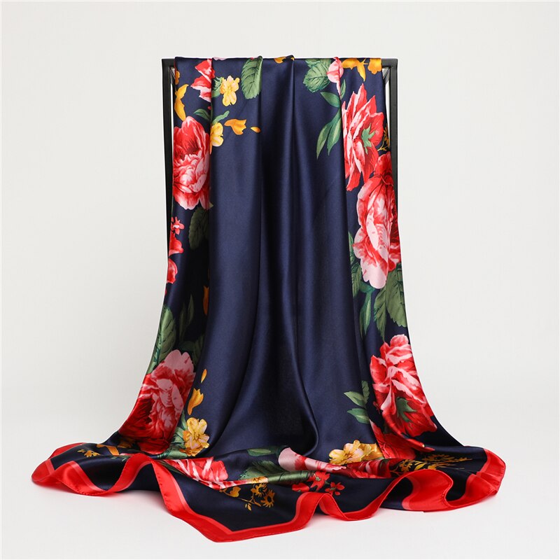 Flower Print Shawl Silk Square Scarf For Women Neckerchief Female Head Wraps Headband